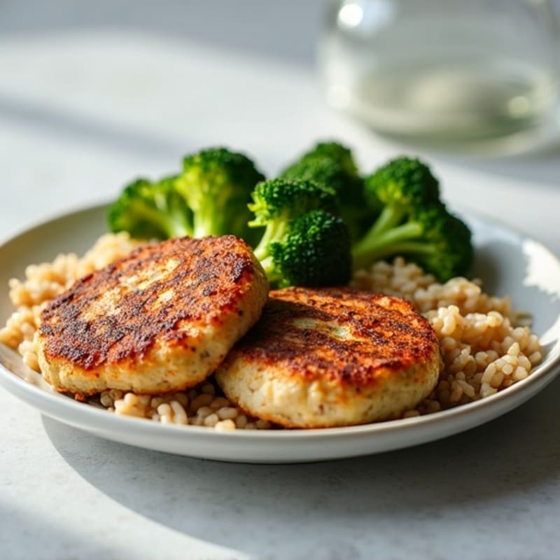 Seared Turkey Patties with Steamed Broccoli and Brown Rice