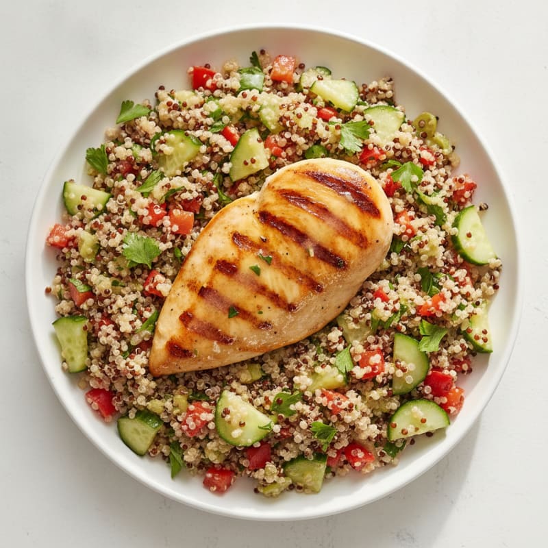 Grilled Chicken Breast with Crunchy Quinoa Salad and Lemon Vinaigrette