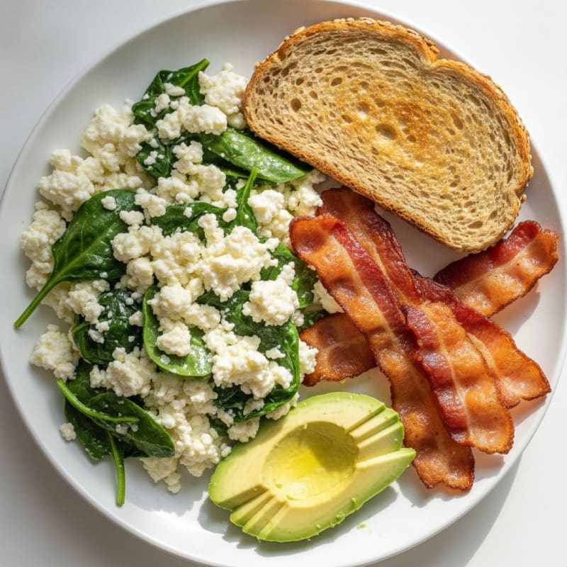Cottage Cheese Egg White Scramble with Spinach and Turkey Bacon