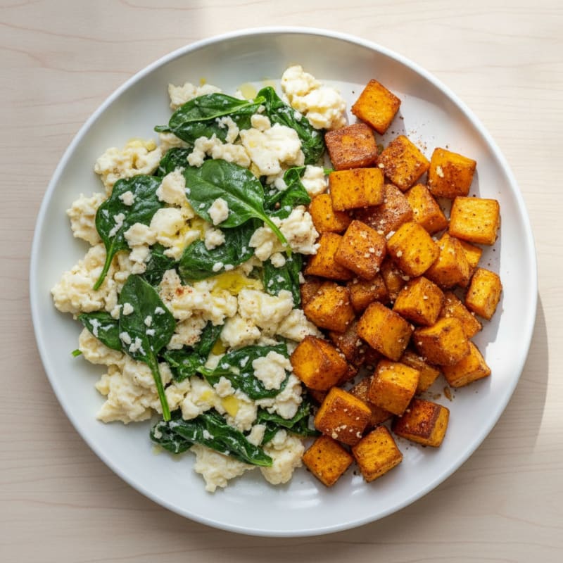 Egg White Spinach Scramble with Roasted Sweet Potatoes