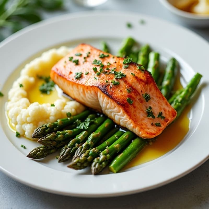 Seared Salmon Fillet with Steamed Asparagus and Cauliflower Mash