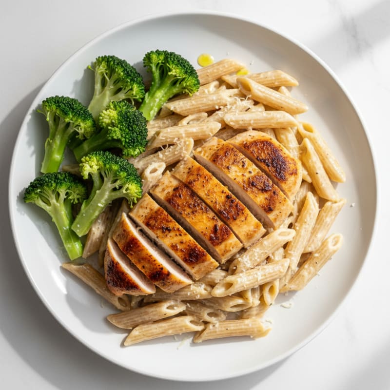Seared Chicken Breast with Creamy Garlic Pasta and Steamed Broccoli