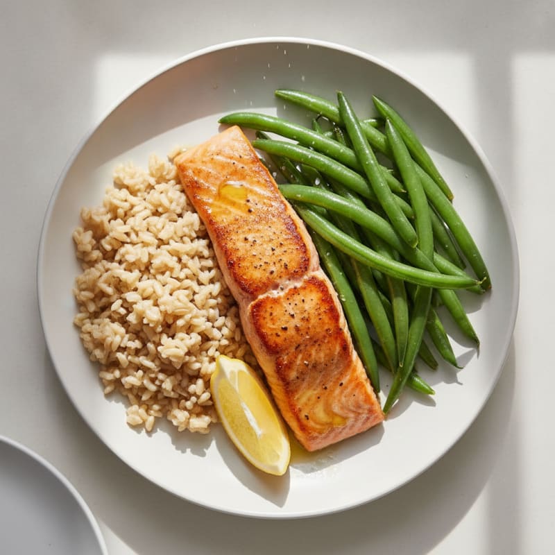 Seared Salmon Fillet with Steamed Green Beans and Brown Rice