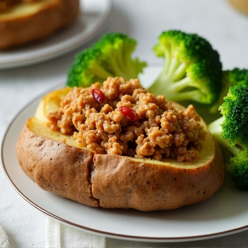 Crispy Baked Potato with Lean Ground Turkey and Steamed Broccoli