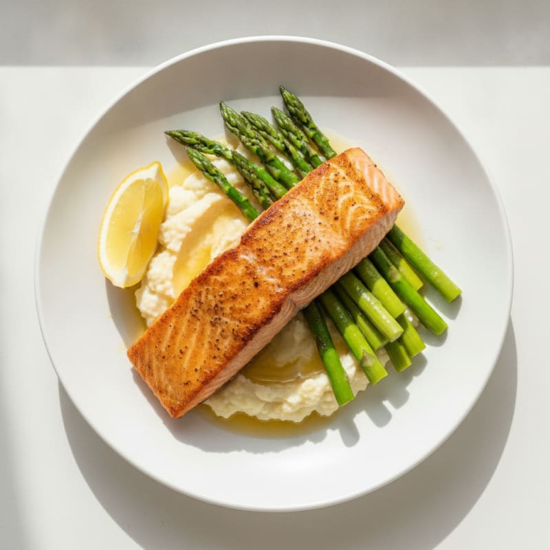 Seared Salmon Fillet with Steamed Asparagus and Cauliflower Mash