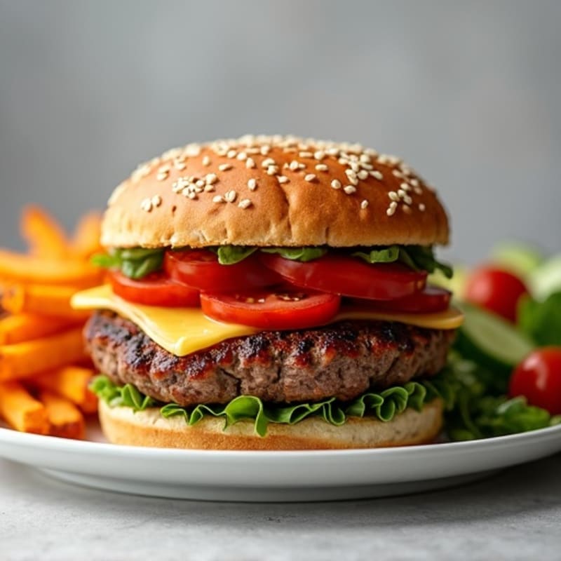 Lean Beef Burger with Crispy Sweet Potato Fries and Fresh Salad