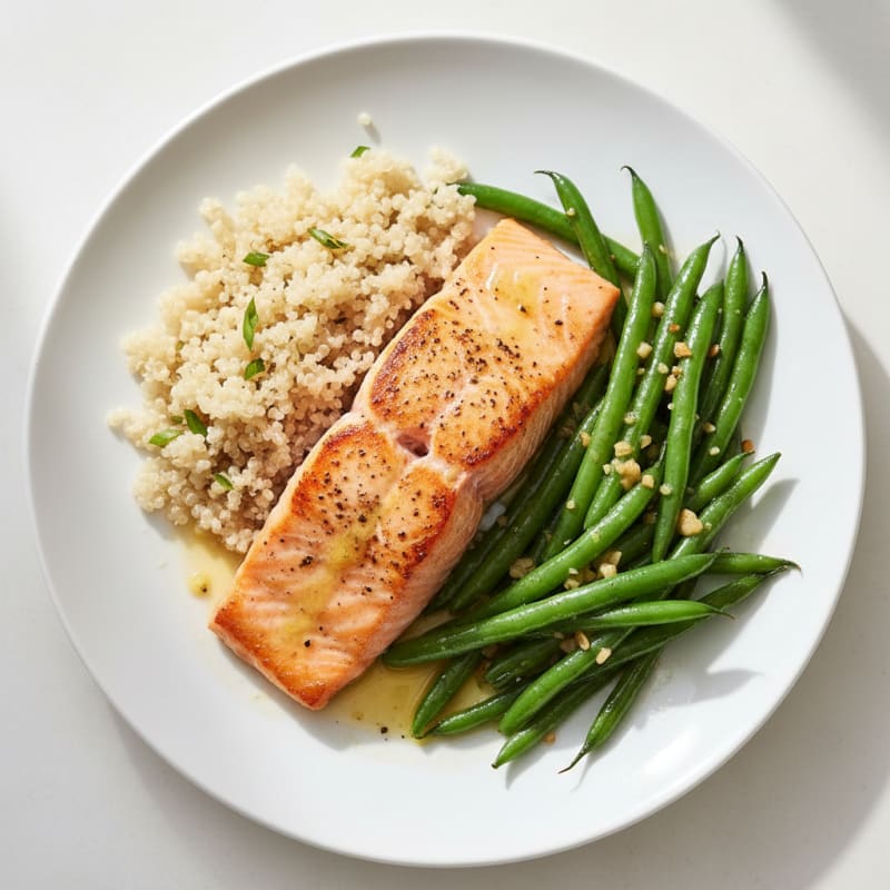 Seared Salmon Fillet with Garlic Green Beans and Quinoa