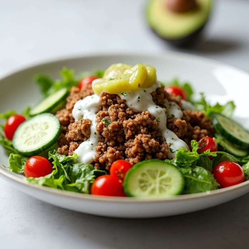Lean Ground Beef and Crispy Chopped Salad with Creamy Dill Pickle Dressing