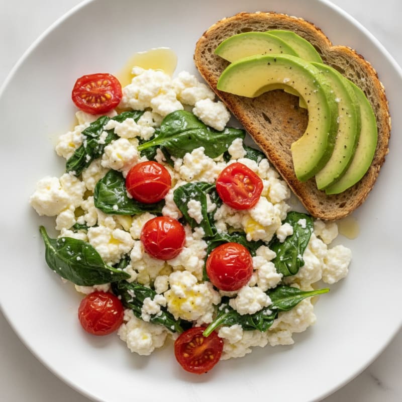 Cottage Cheese Egg White Scramble with Spinach and Cherry Tomatoes
