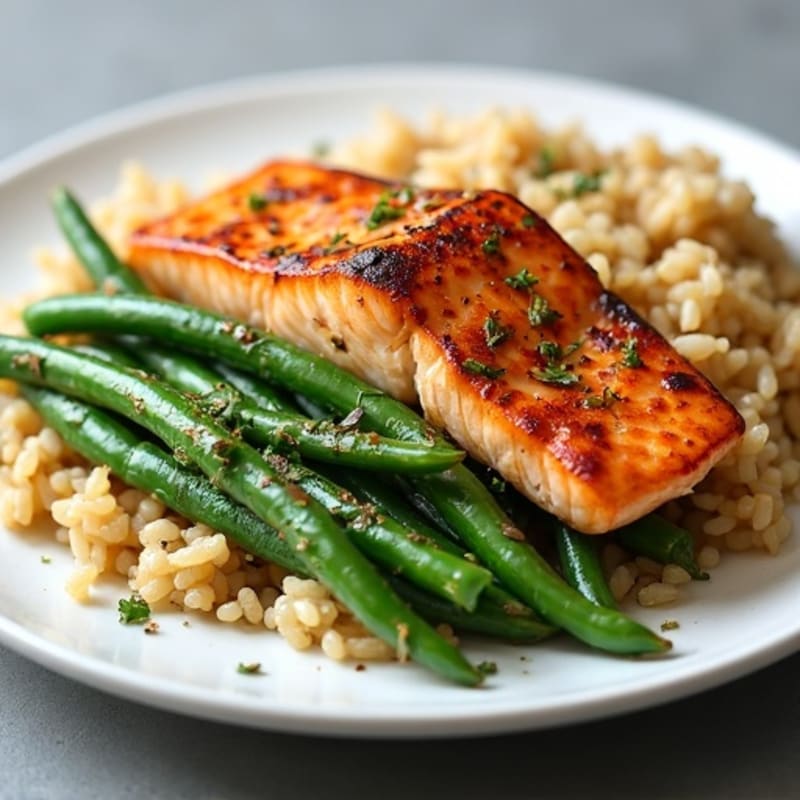 Seared Salmon with Garlic Green Beans and Brown Rice