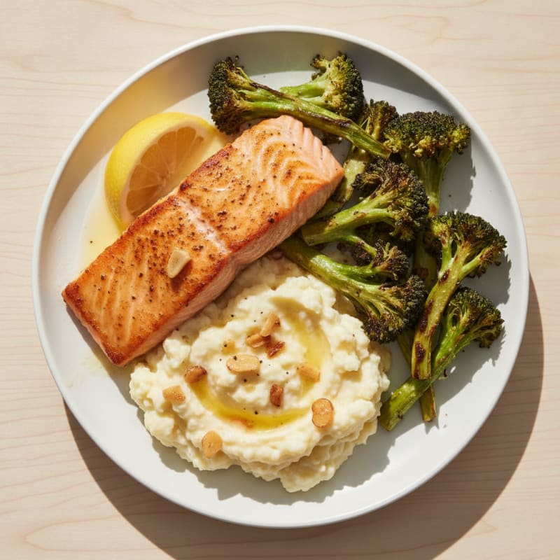 Seared Salmon with Roasted Broccoli and Garlic Mashed Cauliflower