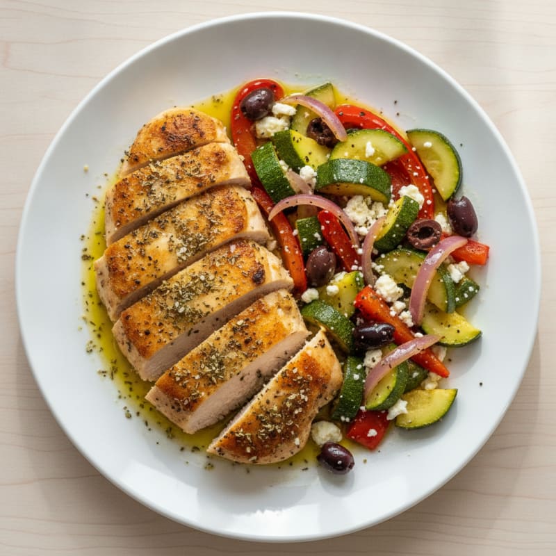 Mediterranean Pan-Seared Chicken with Sautéed Harvest Vegetables