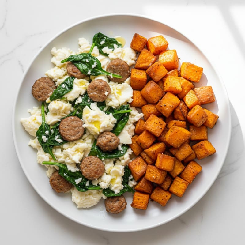 Egg White and Turkey Sausage Scramble with Spinach and Roasted Sweet Potatoes