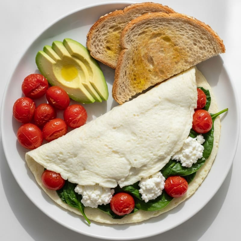 Egg White Spinach Omelette with Cottage Cheese and Cherry Tomatoes