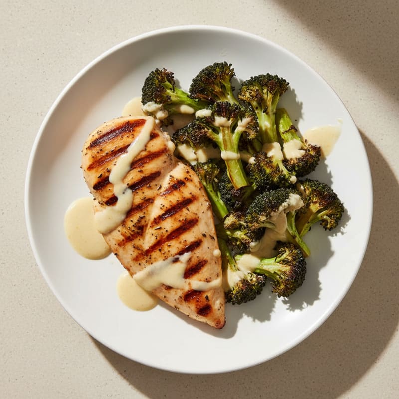 Grilled Chicken Breast with Roasted Broccoli and Lemon Tahini Drizzle