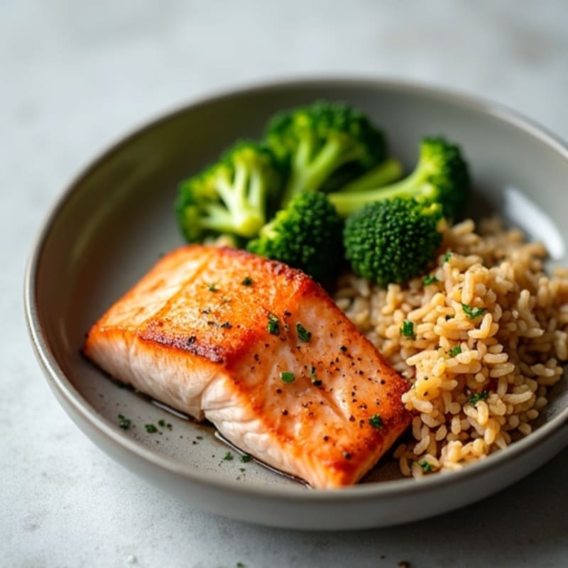 Seared Salmon with Steamed Broccoli and Brown Rice