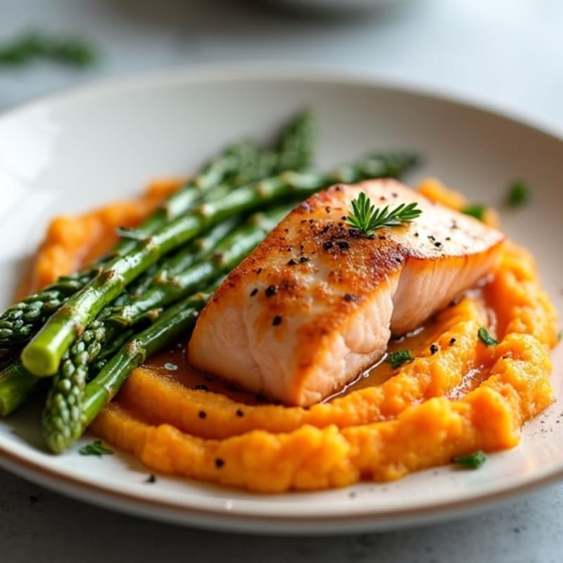 Seared Salmon with Roasted Asparagus and Sweet Potato Mash