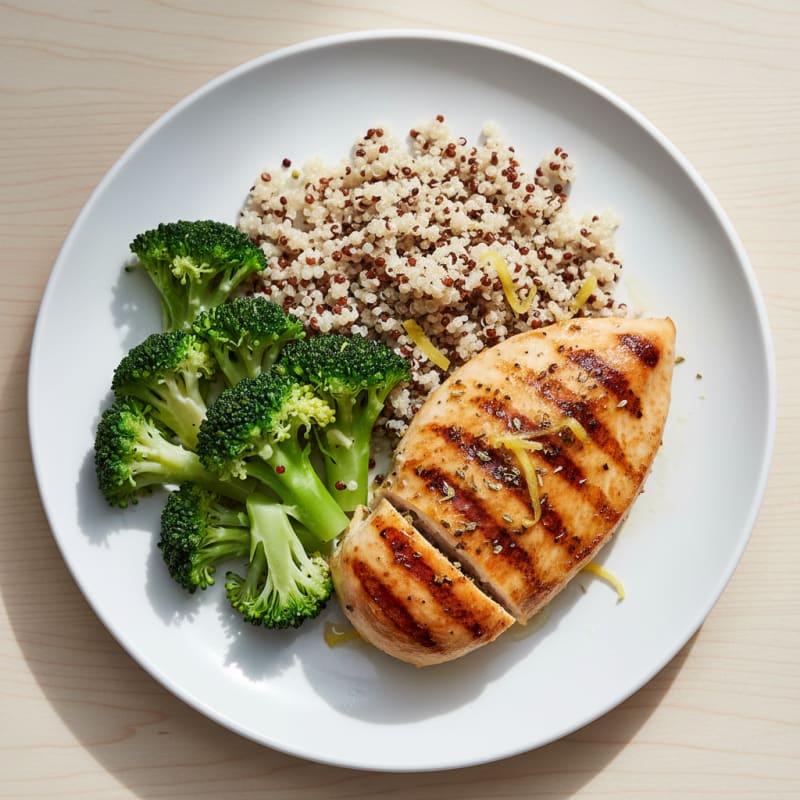 Grilled Chicken Breast with Steamed Broccoli and Quinoa