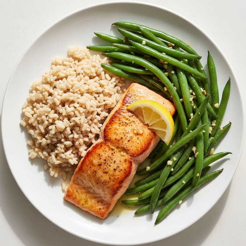 Seared Salmon with Garlic Green Beans and Brown Rice
