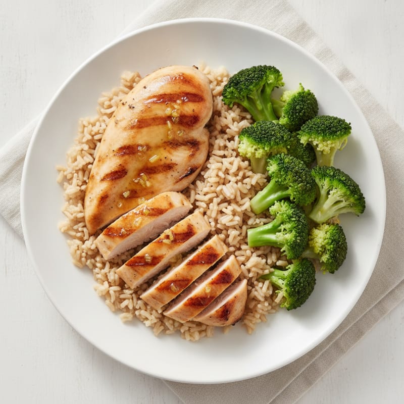 Grilled Chicken Breast with Brown Rice and Steamed Broccoli
