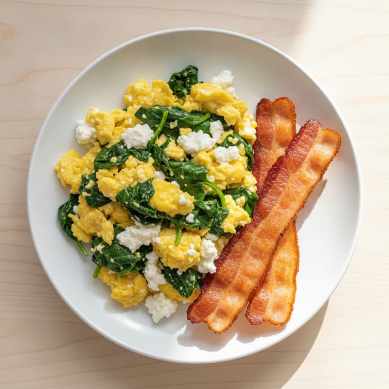 Cottage Cheese Egg Scramble with Spinach and Turkey Bacon
