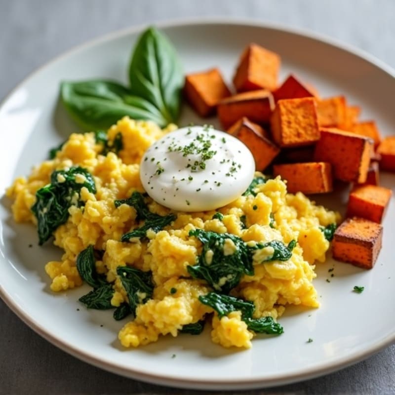 Fluffy Egg and Spinach Scramble with Crispy Sweet Potato Hash
