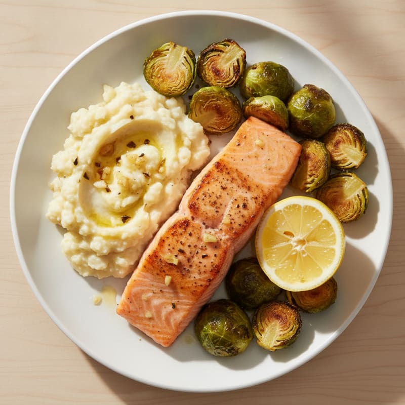 Seared Salmon with Roasted Brussels Sprouts and Garlic Mashed Cauliflower