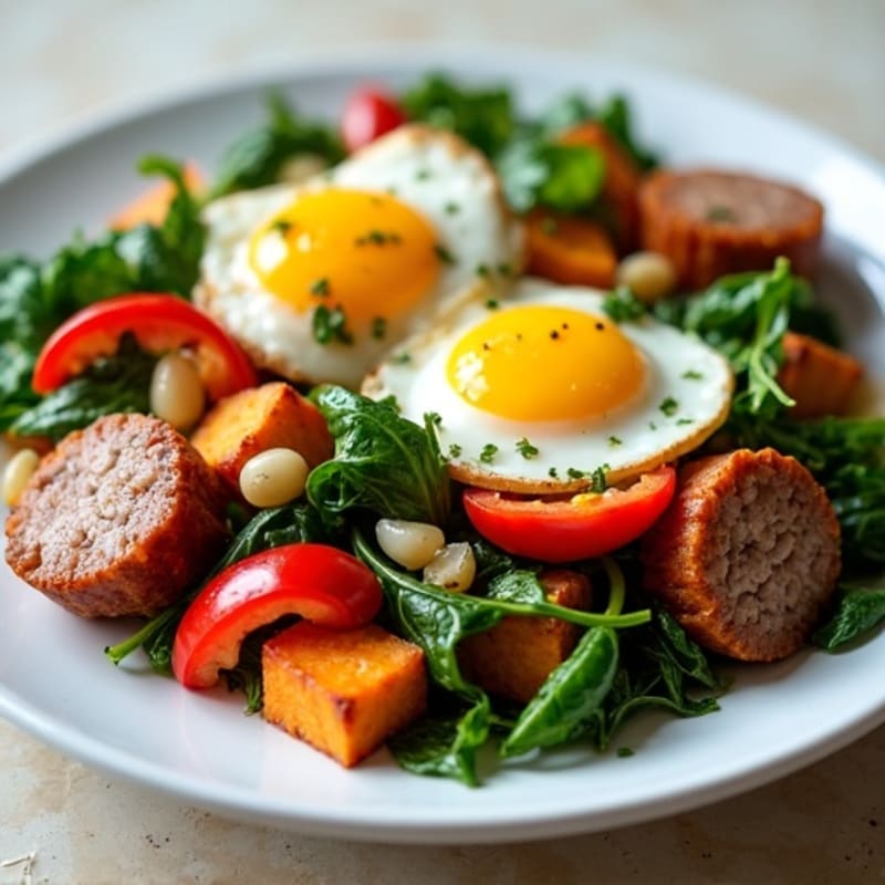 Crispy Sweet Potato and Egg Hash with Sautéed Greens