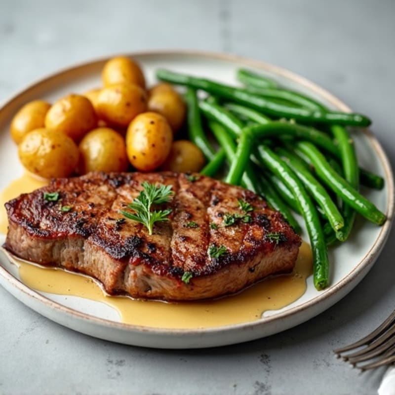 Pan-Seared Steak with Garlic Butter Roasted Potatoes and Green Beans