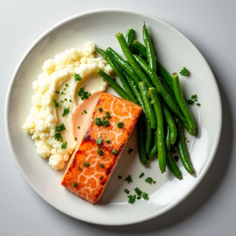 Seared Salmon with Garlic Green Beans and Cauliflower Mash