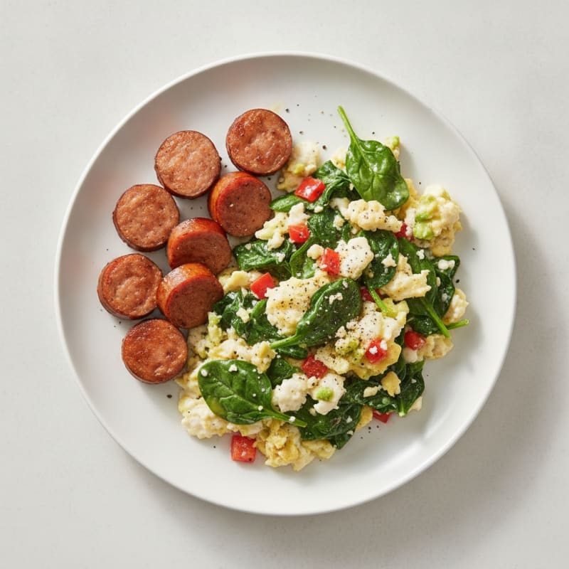 Egg White Scramble with Turkey Sausage and Sautéed Spinach