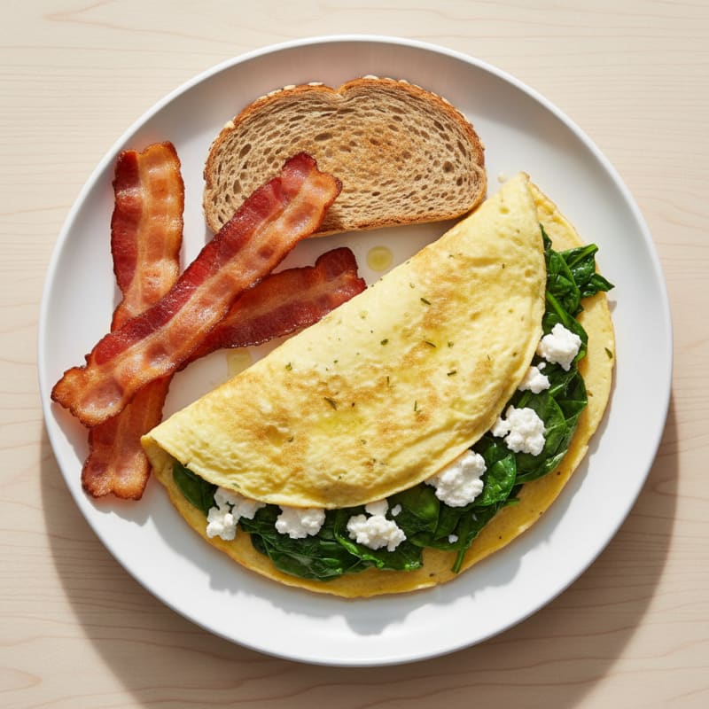 Egg White Spinach Omelette with Cottage Cheese and Turkey Bacon