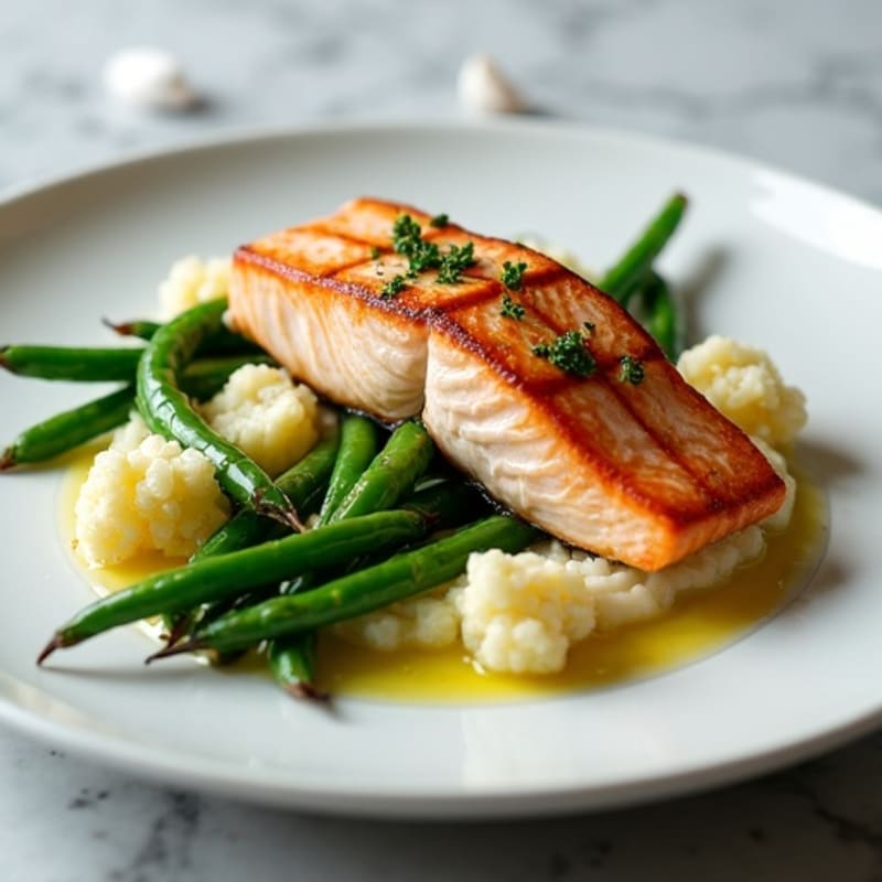 Seared Salmon with Garlic Green Beans and Cauliflower Mash