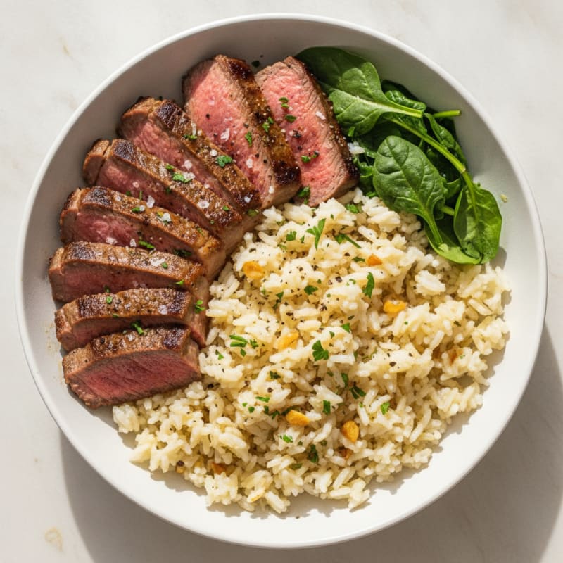 Pan-Seared Sirloin Steak with Garlic Rice