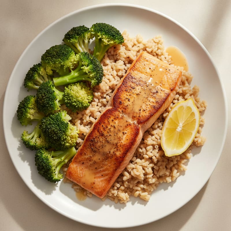 Pan-Seared Salmon with Steamed Broccoli and Brown Rice