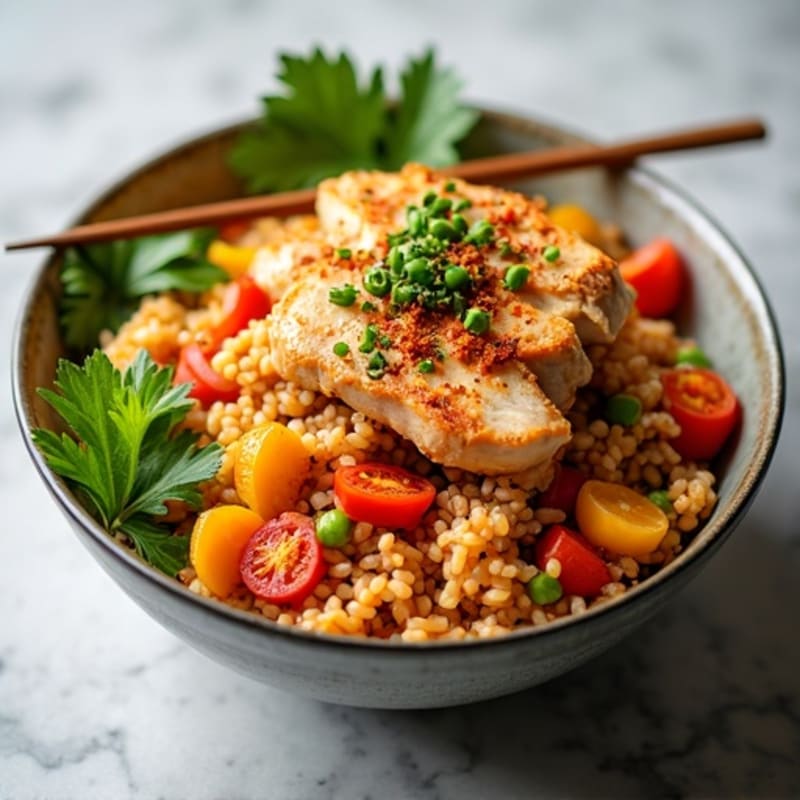 Healthy Kimchi Fried Rice with Chicken and Fresh Vegetables