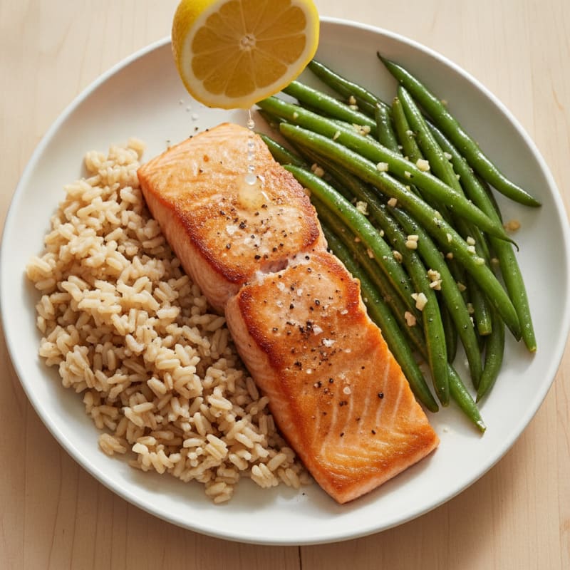 Seared Salmon Fillet with Garlic Green Beans and Brown Rice