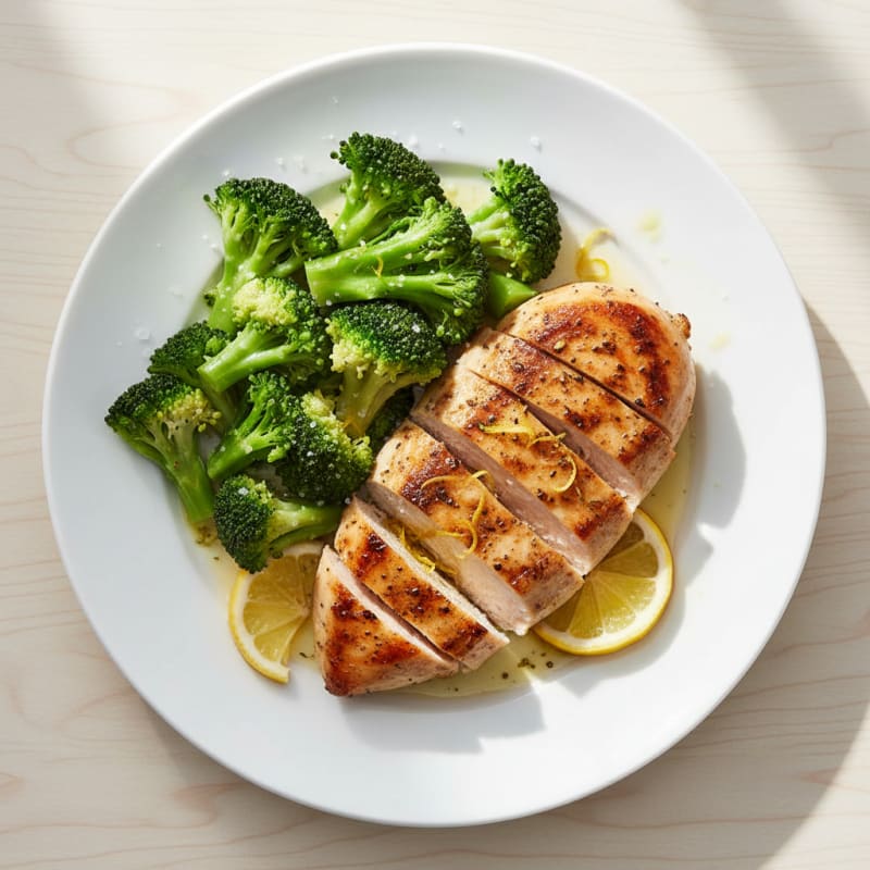 Grilled Chicken Breast with Steamed Broccoli and Lemon