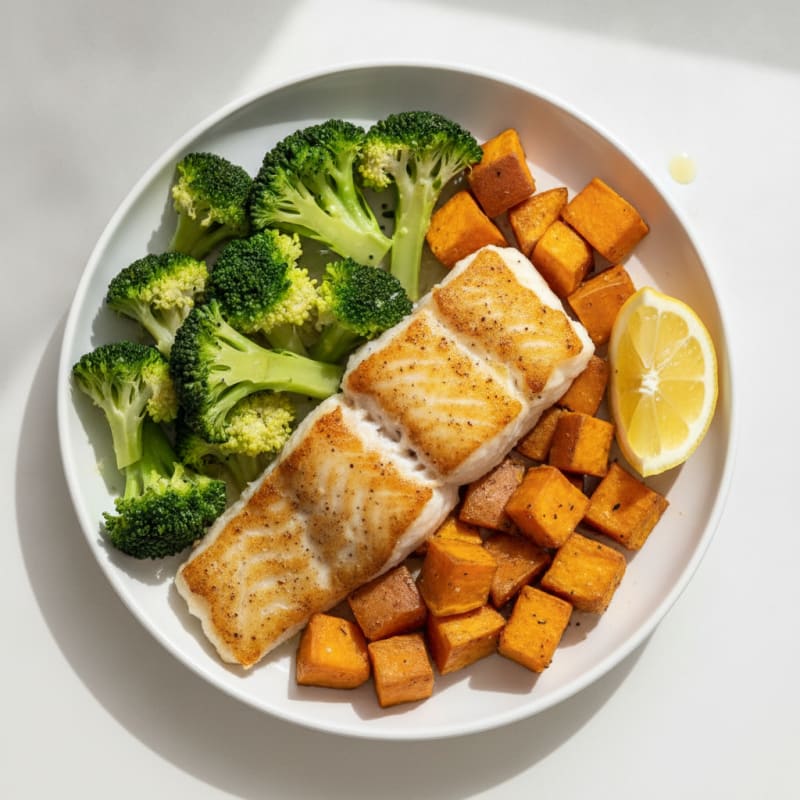 Pan-Seared Fish with Steamed Broccoli and Roasted Sweet Potatoes
