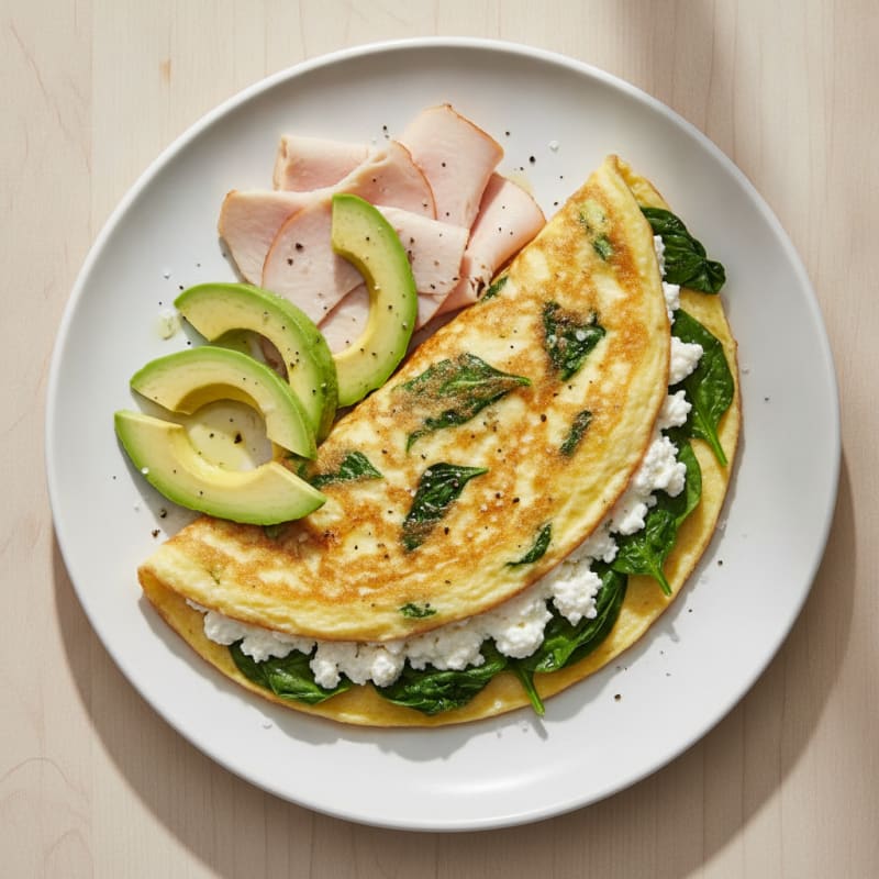 Egg White Spinach Omelette with Cottage Cheese and Sliced Turkey