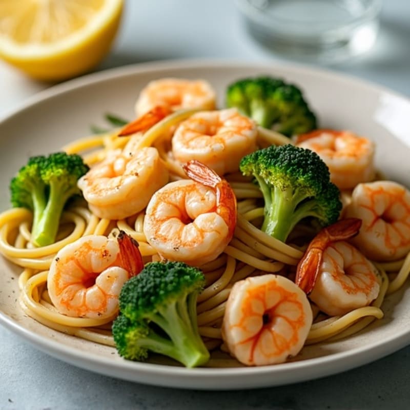 Garlic Lemon Shrimp with Roasted Broccoli and Silky Whole Wheat Pasta