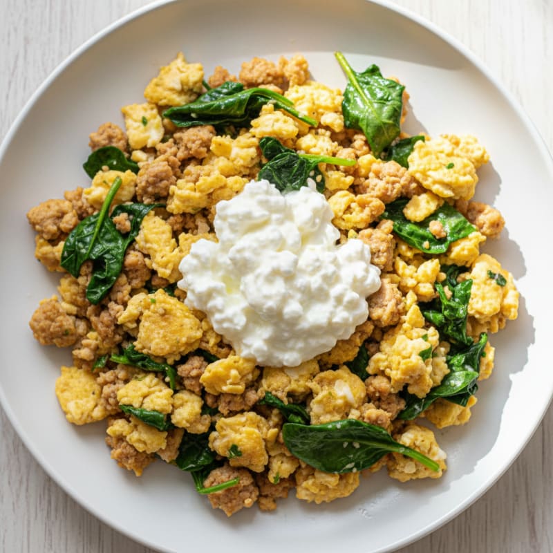 Egg White and Turkey Spinach Scramble with Cottage Cheese