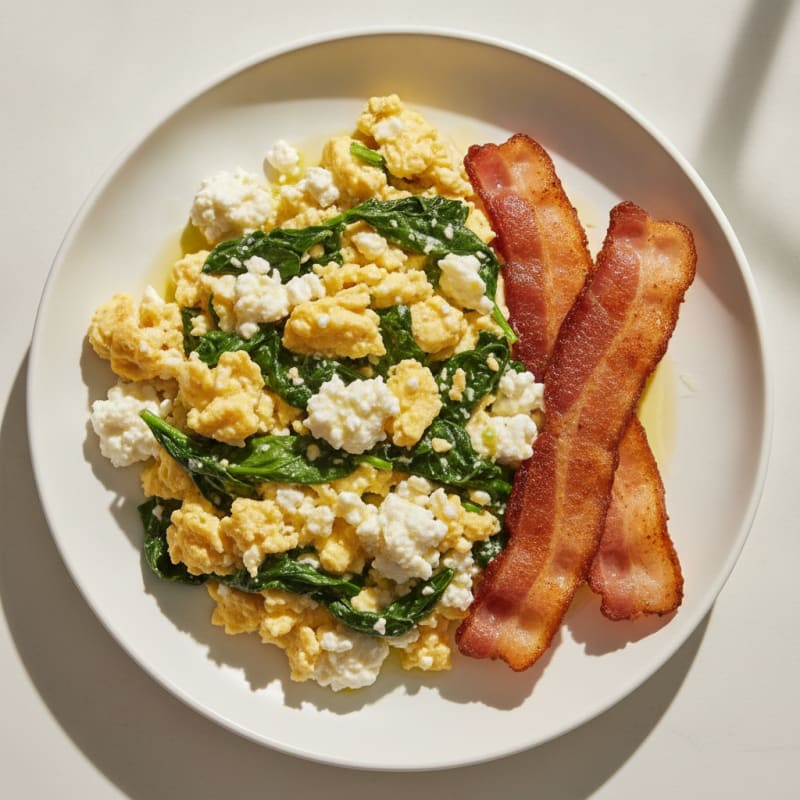 Cottage Cheese Scramble with Spinach and Turkey Bacon