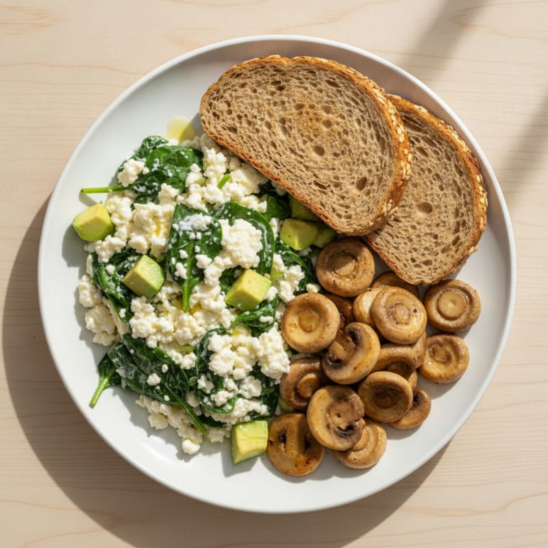 Egg White Spinach Scramble with Cottage Cheese and Sautéed Mushrooms