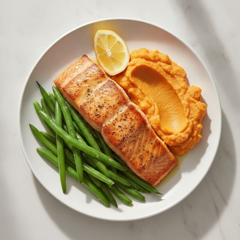 Seared Salmon with Steamed Green Beans and Sweet Potato Mash