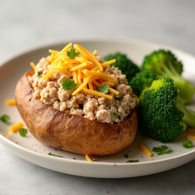 Crispy Baked Potato with Savory Ground Turkey, Steamed Broccoli, and Light Cheddar