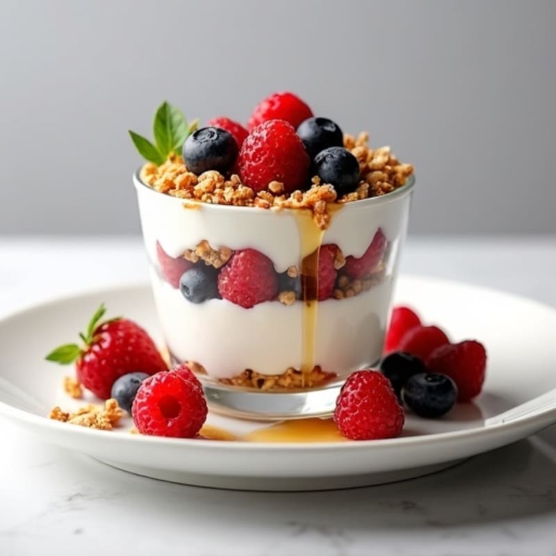 Greek Yogurt Parfait with Crunchy Almond Granola and Mixed Berries
