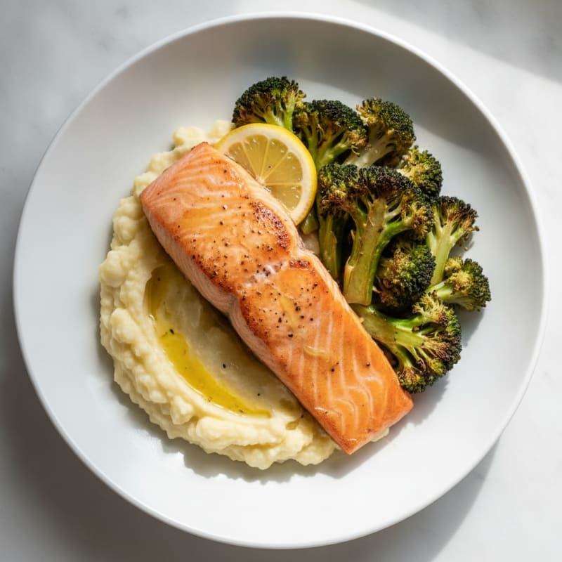 Seared Salmon Fillet with Roasted Broccoli and Garlic Mashed Cauliflower