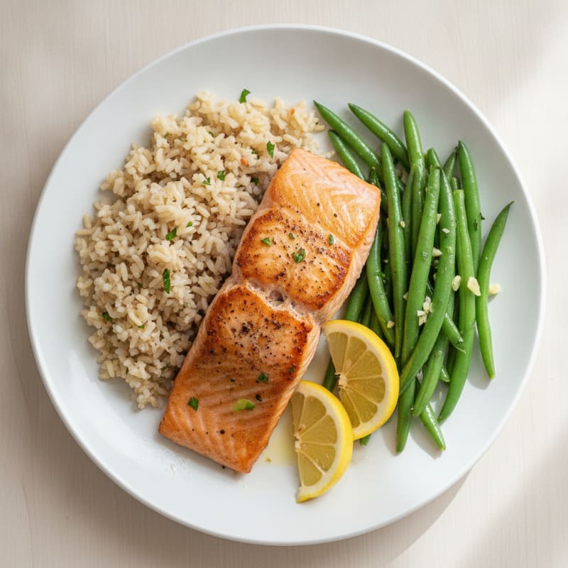 Seared Salmon with Steamed Green Beans and Brown Rice
