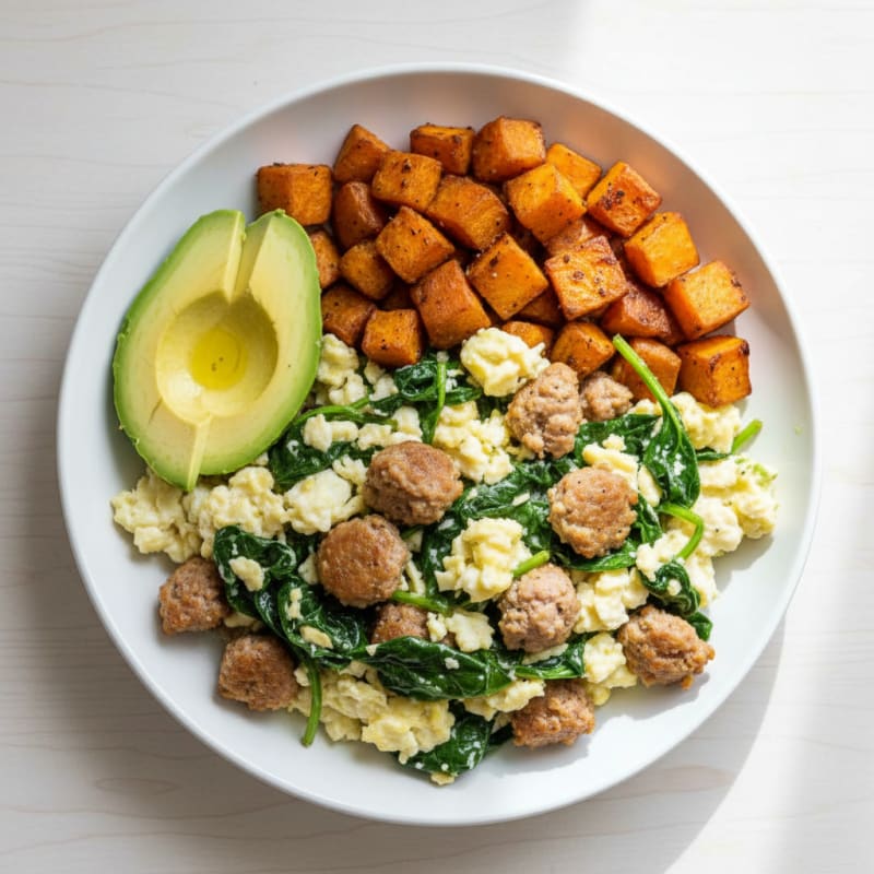 Egg White and Spinach Scramble with Turkey Sausage
